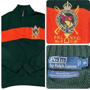Polo Ralph Lauren Green Orange 1/4 Zip RRL Crest Rugby Sweater
